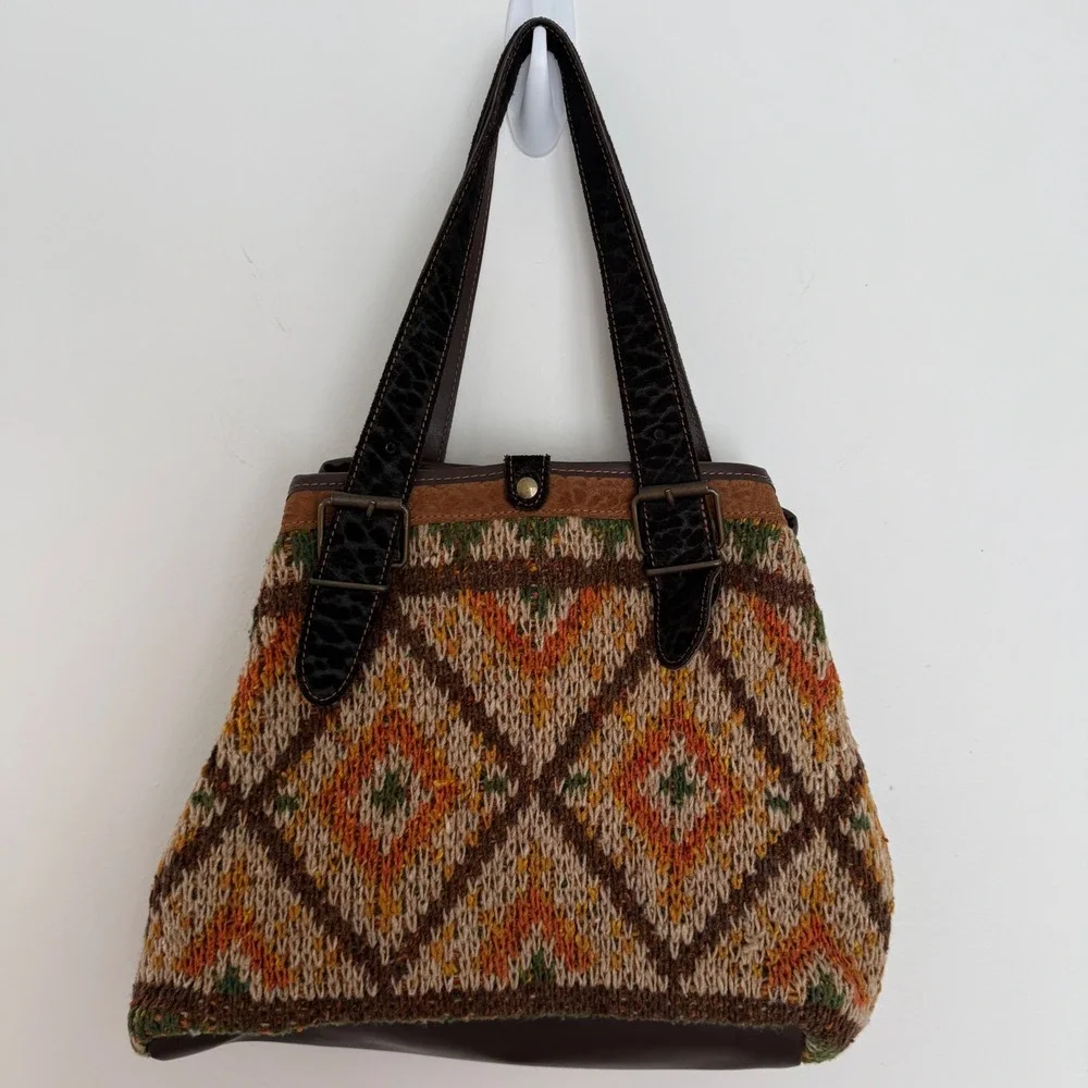 Vintage‎ Bonfanti Made in Italy Knit Hobo Shoulder Bag Leather Trim Virgin Wool